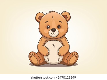 Vector de dibujos animados de peluche lindo hermoso pequeño tipo oso de peluche. Juguete de peluche favorito sentado de regalo. Etiqueta gráfica. Fondo claro.