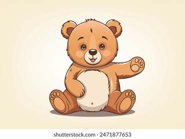 Vector cartoon plush cute beautiful little kind cuddly teddy bear with raised front paw, wants to say hello. Gift sitting favorite soft toy. Graphic sticker. Light background.