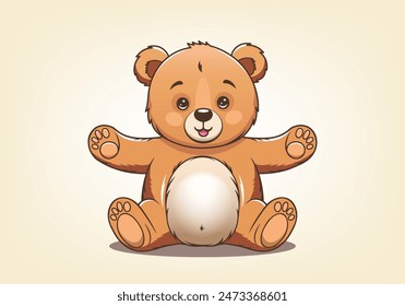 Vector cartoon plush cute beautiful little kind cuddly Teddy bear with his front paws spread and wants to hug. Gift sitting favorite soft toy. Graphic sticker. Light background.