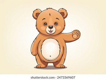 Vector cartoon plush cute beautiful little kind Teddy bear waves his paw. Hello. Gift favorite soft toy. Graphic sticker. Light background.