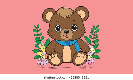 Vector cartoon plush cute beautiful little kind Teddy bear. Gift sitting favorite cuddly toy. Graphic sticker. Light background.