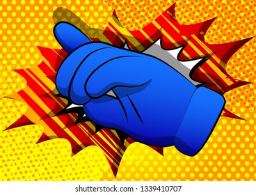 Vector cartoon pointing hand. Illustrated hand expression, gesture on comic book background.