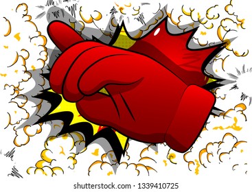 Vector cartoon pointing hand. Illustrated hand expression, gesture on comic book background.