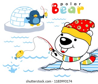 Vector cartoon of polar bear and penguin fishing in ice land. Antarctica element cartoon