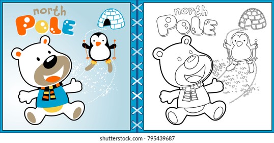 Vector cartoon of polar bear with skiing penguin, coloring page or book
