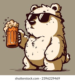 Vector of a cartoon polar bear with sunglasses holding a beer pint. Drawing of a north pole animal drinking a beverage