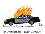 vector cartoon of a police car with a burning roof