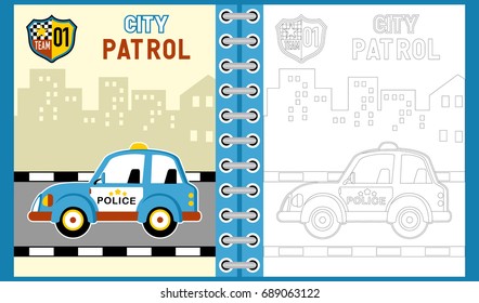 vector cartoon of police car on buildings background, coloring book or page