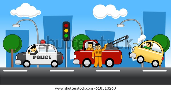 vector\
cartoon police cars and tow trucks in the\
city