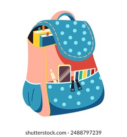 Vector cartoon polka dot schoolbag loaded with educational materials. 2D cartoon image containing books great for welcoming students back to school on white