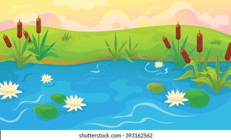 Vector cartoon pond landscape with reeds and water lilies