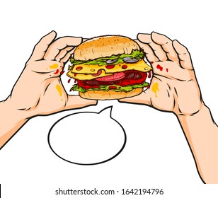 Vector cartoon pop art illustration of two hands with big cheeseburger, illustration isolated on white background