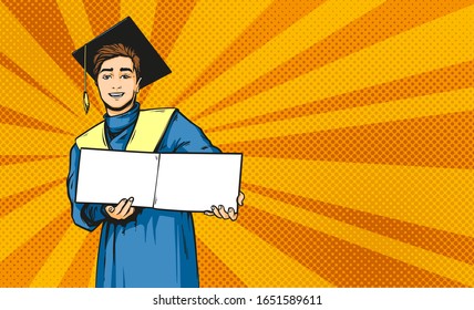 Vector cartoon pop art illustration of happy funny man, boy, student with diploma in hands