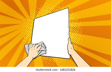 Vector cartoon pop art illustration of human hands holding a picture and rag