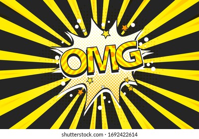 Vector cartoon pop art illustration with boom effect with Omg wording speech with many lights and stars