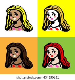 Vector cartoon pop art style seamless pattern. Different skin tone smiling girls in colorful background. different hair colored girls. textile pattern, background.