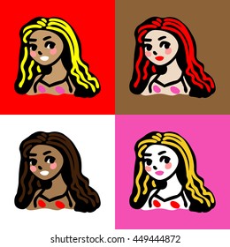 Vector cartoon pop art style seamless pattern. Different skin tone smiling ladies in colorful background. different hair colored girls. textile pattern, background.