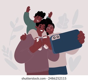 Vector cartoon of Portrait of afro american family Portrait of afro american family with kid. Father with boy son child on hands, Mother take photo with phone