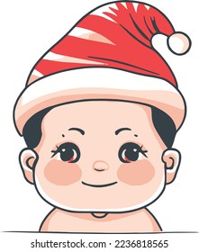 Vector , cartoon portrait of a baby wearing a christmas hat