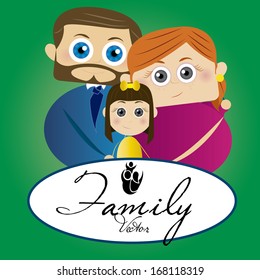 Vector Cartoon Portrait Of Cute Father, Mother And Daughter