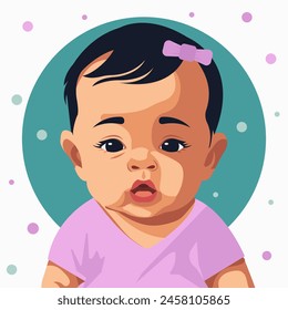 Vector cartoon portrait of a cute little one year old girl with a bow on her hair.
