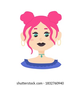 Vector Cartoon Portrait of a Feminine young Woman with Pink Hair. Isolated on white background.Beautiful Teenager in Flat Informal style.Cute Girl with Fashionable Hairstyle,Romantic Clothes.
