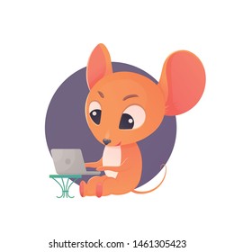 Vector cartoon portrait of funny smiling mouse  laptop isolated on white background. Christmas mouse character portrait with device. Good for xmas card, flayer, banner, poster design
