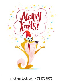 Vector cartoon portrait of funny smiling dog in santa hat with xmas greeting in speech bubble and confetti isolated on white background. Lettering christmas greeting in speech box, text balloon. Card.