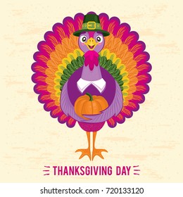 Vector cartoon portrait of funny smiling turkey. Thanksgiving Day greeting card with cute happy cartoon of turkey bird. Can be use as flyer, poster or banner