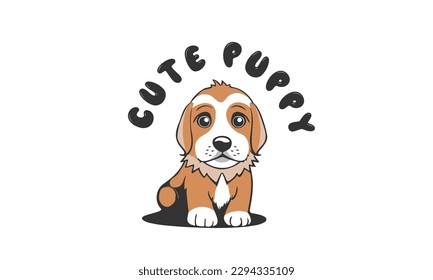 Vector cartoon portrait of a red-haired cute little good-natured puppy on a white isolated background. Beagle breed. Sticker, label or icon.