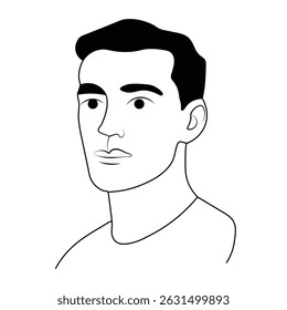 Vector cartoon portrait of a smiling young guy's head with black hair, a fun character illustration