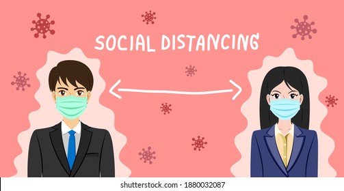 Vector cartoon portrait young female and male wearing medical face protective mask keep social distancing to avoid spreading corona virus. Health care business concept illustration.