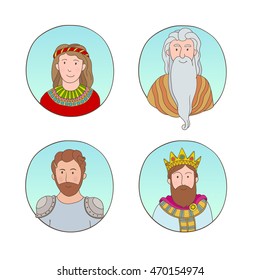 Vector cartoon portraits of ancient people: the king and the military, the old man and boy.