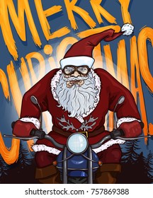 Vector Cartoon Postcard - Biker Santa Claus on Motorcycle with Text - Merry Christmas on Background