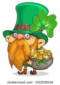 Vector cartoon. Postcard for St. Patrick's Day. Cute Irish Leprechaun and a pot of gold coins.