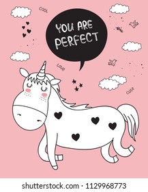 Vector cartoon poster with cute doodle unicorn with motivation lettering phrase. Perfect for postcard, birthday, baby book, children room, anniversary