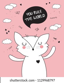 Vector cartoon poster with cute doodle fox with motivation lettering phrase. Perfect for postcard, birthday, baby book, children room, anniversary