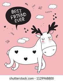 Vector cartoon poster with cute doodle deer with motivation lettering phrase. Perfect for postcard, birthday, baby book, children room, anniversary