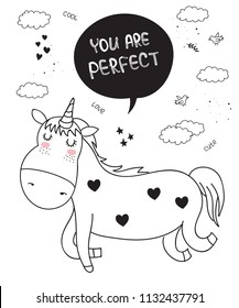 Vector cartoon poster with cute doodle unicorn with motivation lettering phrase. Perfect for postcard, birthday, baby book, children room, anniversary