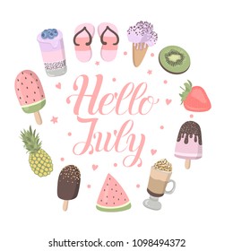 Vector cartoon poster with funny summer things illustrations- ice cream, fruit, slippers, hello July