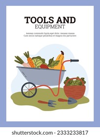 Vector cartoon poster with gardening farm equipment and vegetables on wheelbarrow. Great farming harvest on white background in blue frame with text