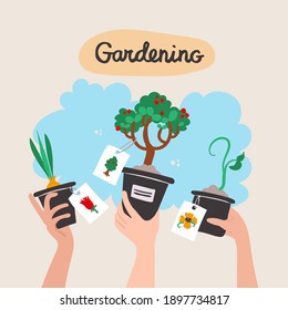 Vector cartoon poster with hands with seedlings of plants and flowers. Colorful illustration on the theme of garden, gardening, spring, agriculture