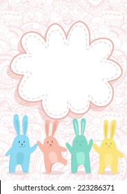 Vector cartoon poster illustration with space for your text and happy funny rabbits on abstract background