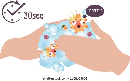Vector cartoon poster washing hands with soap foam bubbles for 30 seconds to kill all germs.Prevent contamination coronavirus covid19. Keep your hands clean. Timer cloak icon. Cute fun bacteria virus.