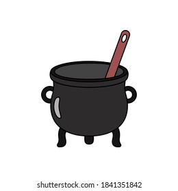 Vector cartoon pot with the spoon. Isolated magic kettle with potion. Black contour of mystery boiler on the white background. Flat Halloween illustration