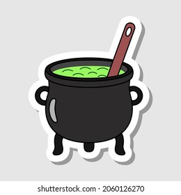 Vector cartoon pot with the spoon sticker. Isolated magic kettle with potion. Black contour of mystery boiler on the white background. Flat Halloween illustration