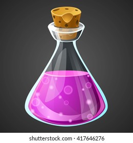 Vector cartoon potion bottle. Vial with purple liquid for game icons. GUI asset.