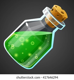 Vector cartoon potion bottle. Vial with green liquid for game icons. GUI asset.