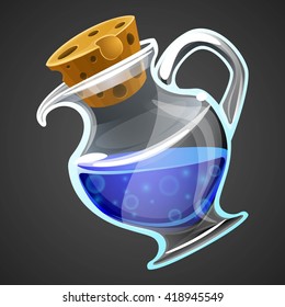 Vector cartoon potion bottle. Vial with blue liquid for game icons. GUI asset.