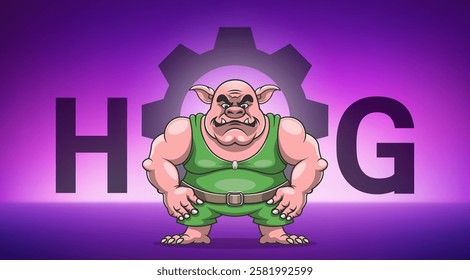 Vector cartoon powerful scary huge muscular fat comic brutal eared and fanged boar in green costume with belt. Stylistic inscription hog. Toon evil monster ugly goblin